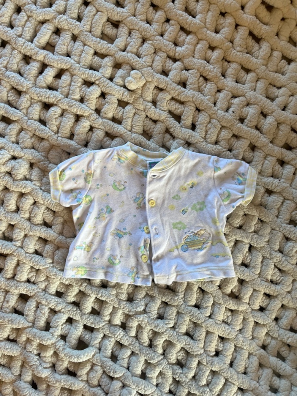 Baby Short-Sleeve Snap Front Top in White with Pastel Prints and bear embroidery